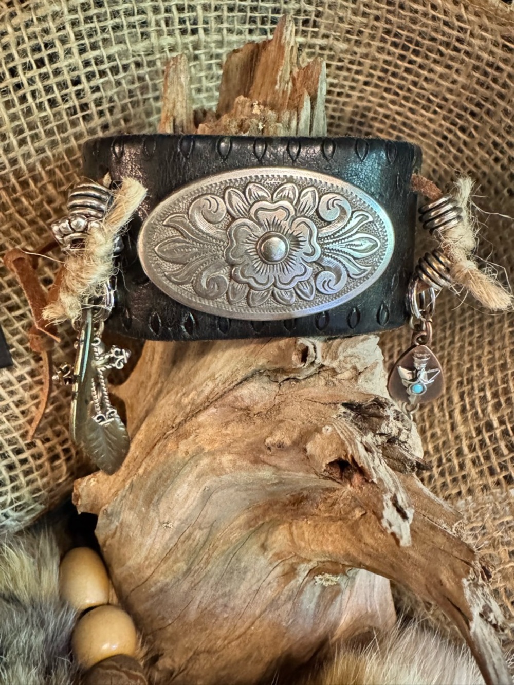 OOAK Boho Black Leather Cuff Bracelet with Ornate Silver Plate